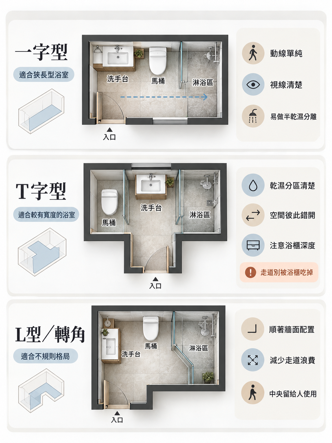 一字型、T字型、L型/轉角衛浴空間佈局示意圖,含洗手台、馬桶、淋浴區