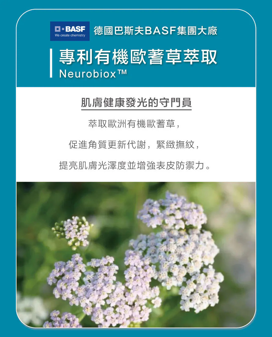 珂芮爾神經醯胺鎖水精華霜添加來自德國巴斯夫 BASF 集團大廠的專利有機歐蓍草萃取(Neurobiox™),能促進角質更新代謝,緊緻撫紋,提亮肌膚光澤度並增強表皮防禦力,為肌膚健康發光的守門員。
