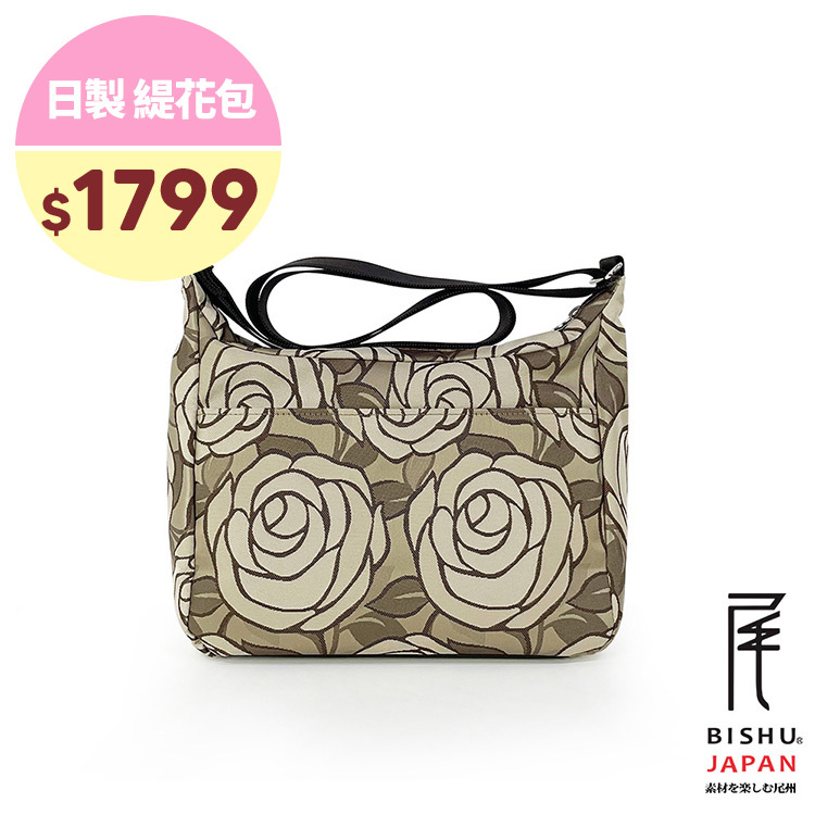 日本製-尾州織 漫步玫瑰園斜背包側背包-白玫瑰