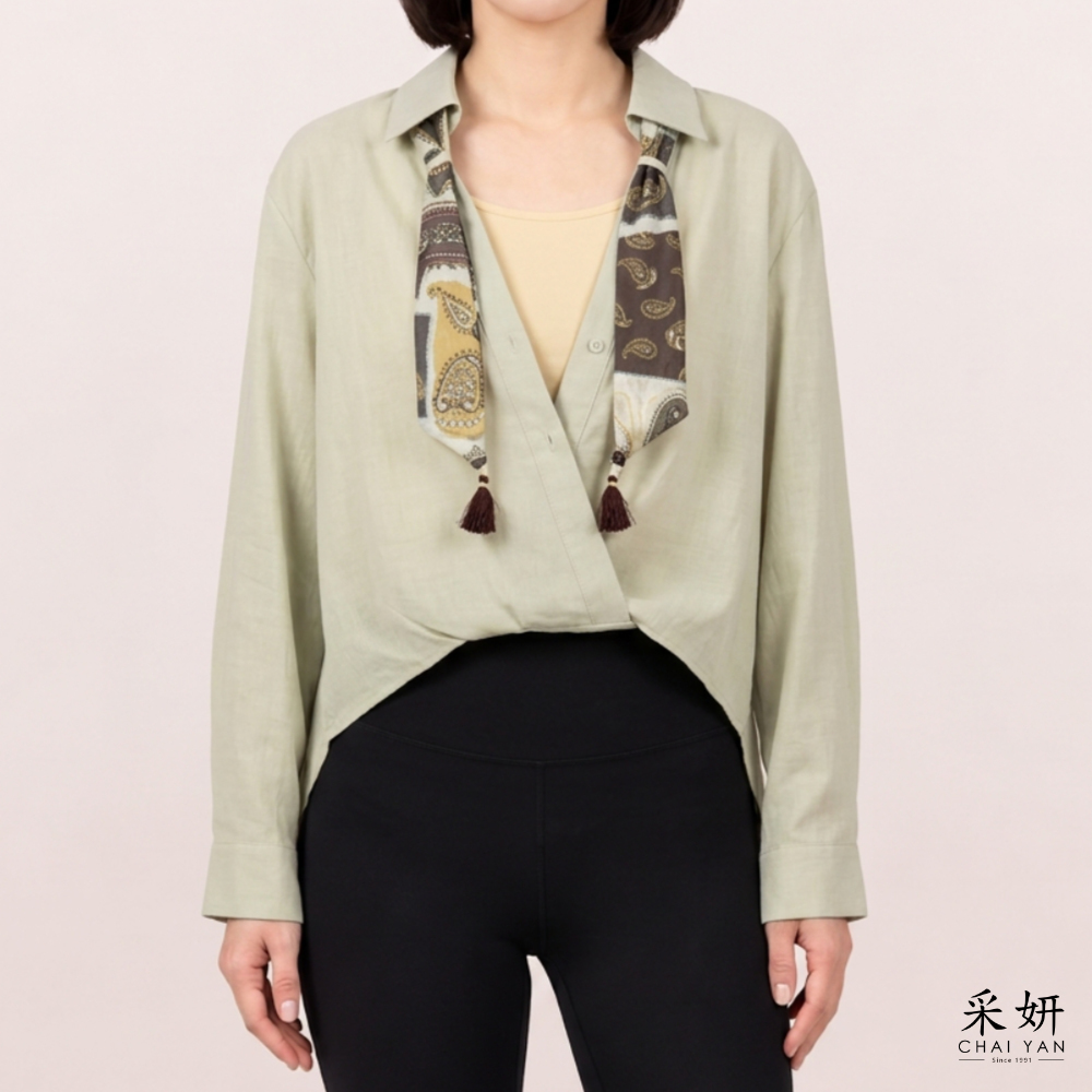 混麻吊帶假兩件長袖上衣