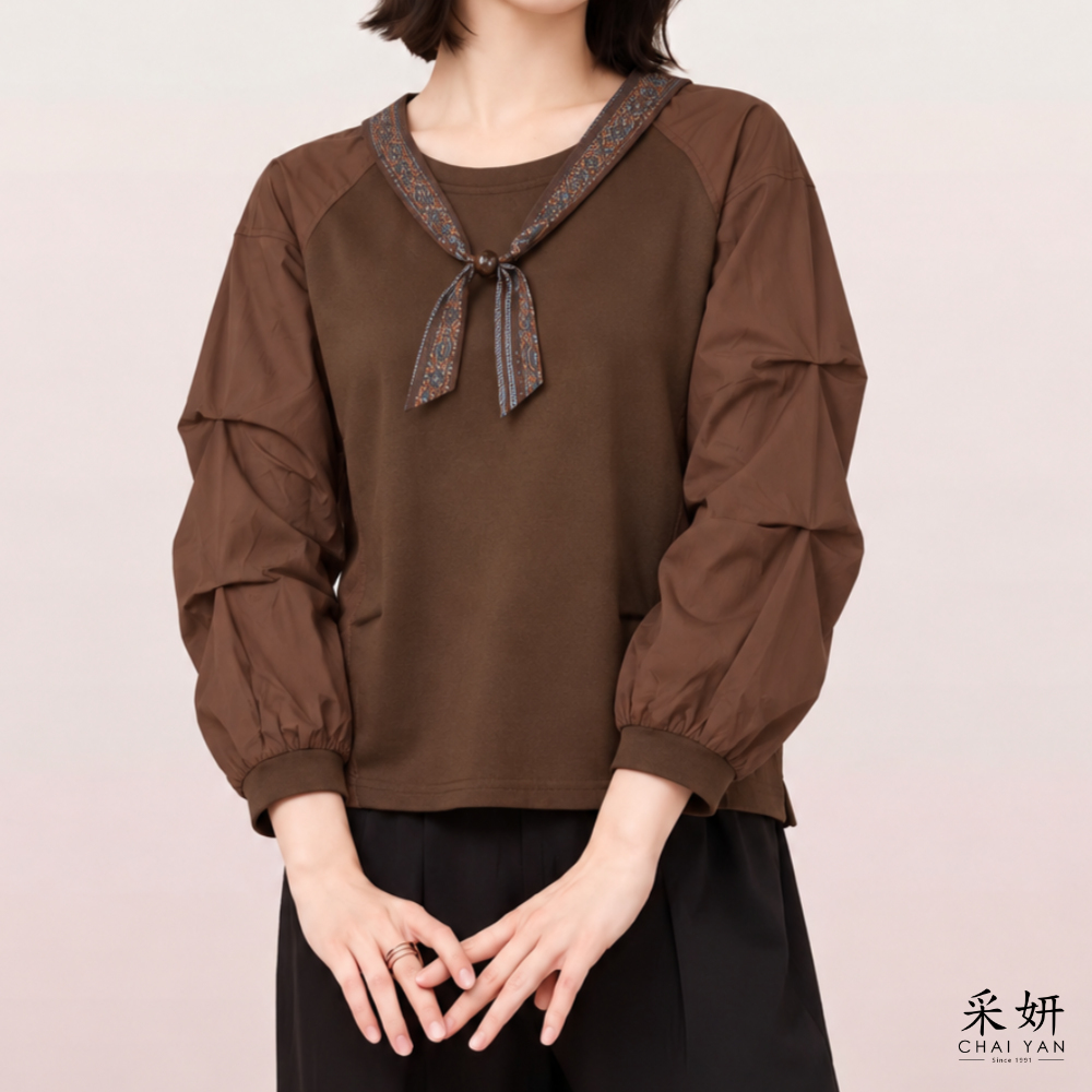 素面領巾拼接長摺袖上衣