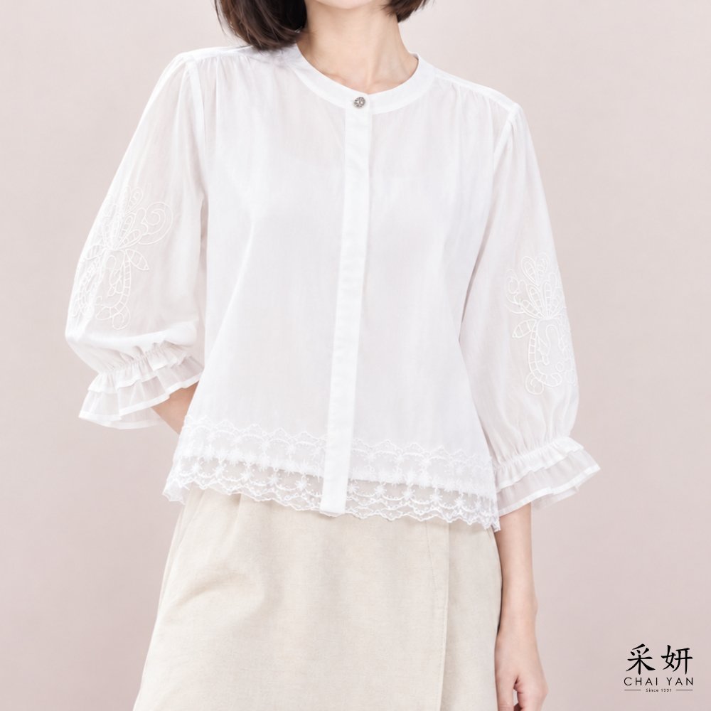 復古刺繡蕾絲長袖襯衫
