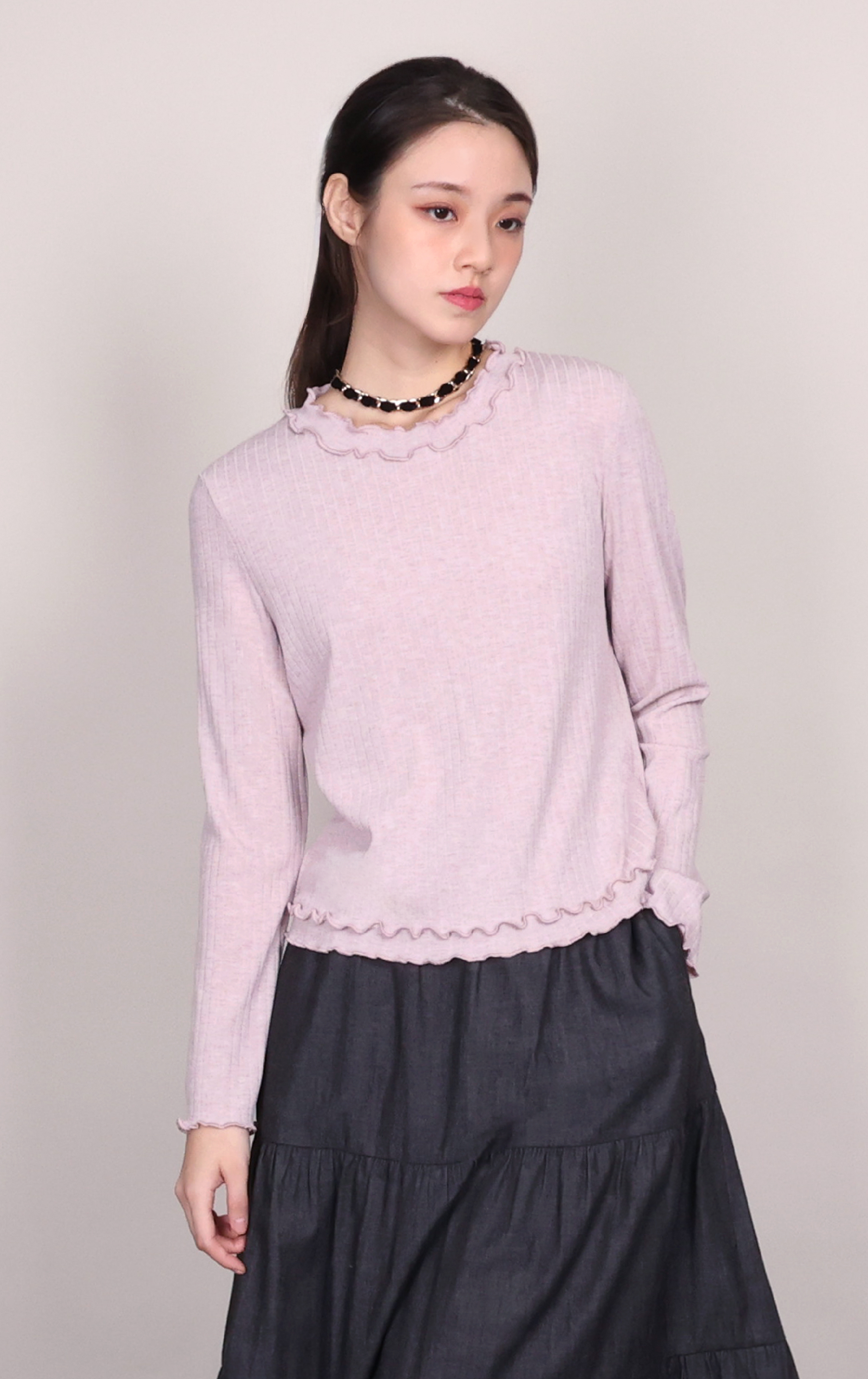 Frill Trim Pleated Ribbed Knit Blouse LT0378