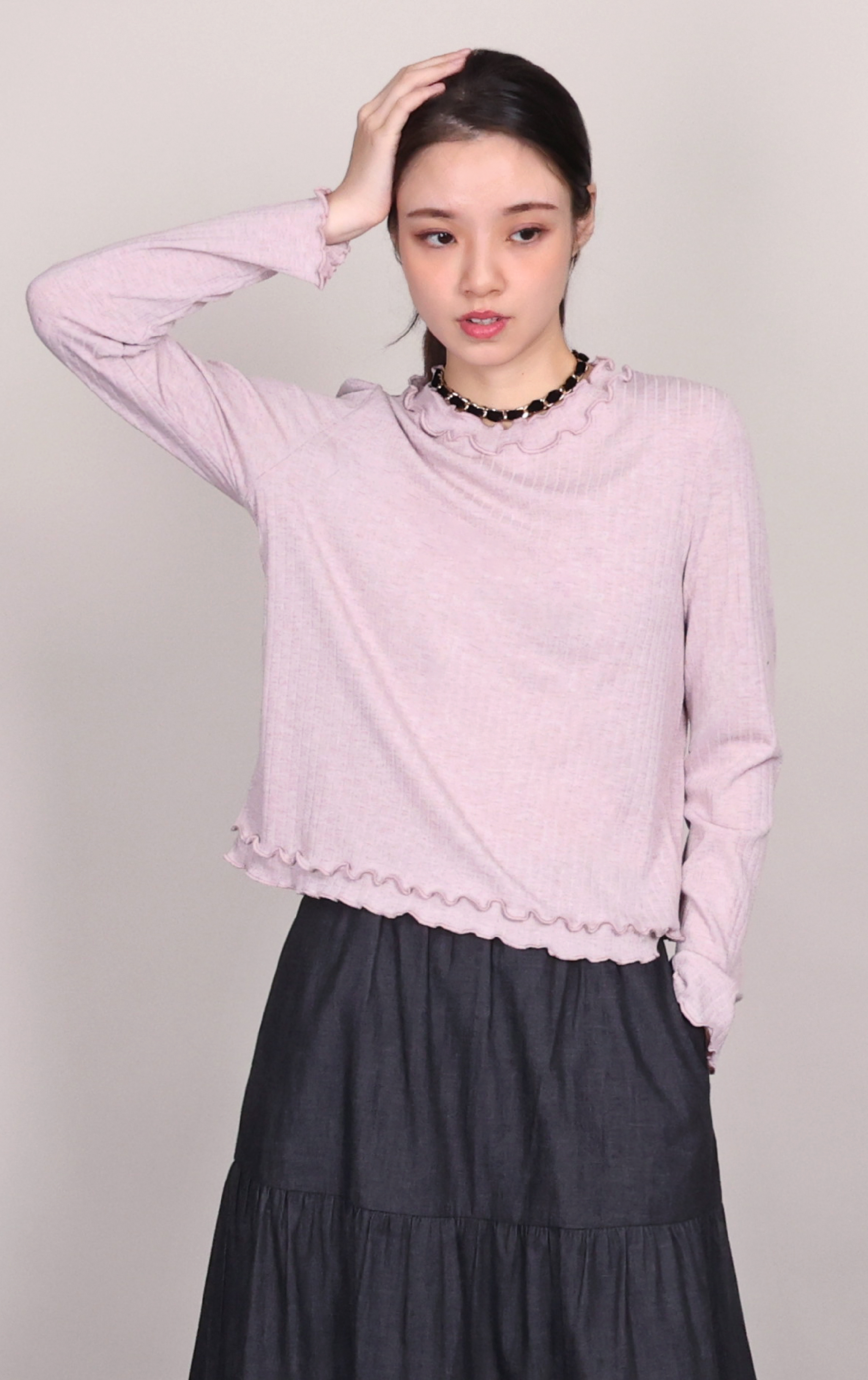 Frill Trim Pleated Ribbed Knit Blouse LT0378