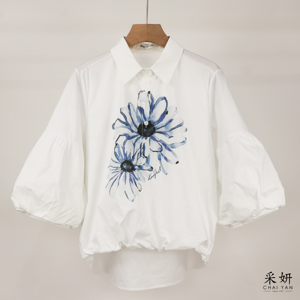 水彩花半開襟寬袖上衣