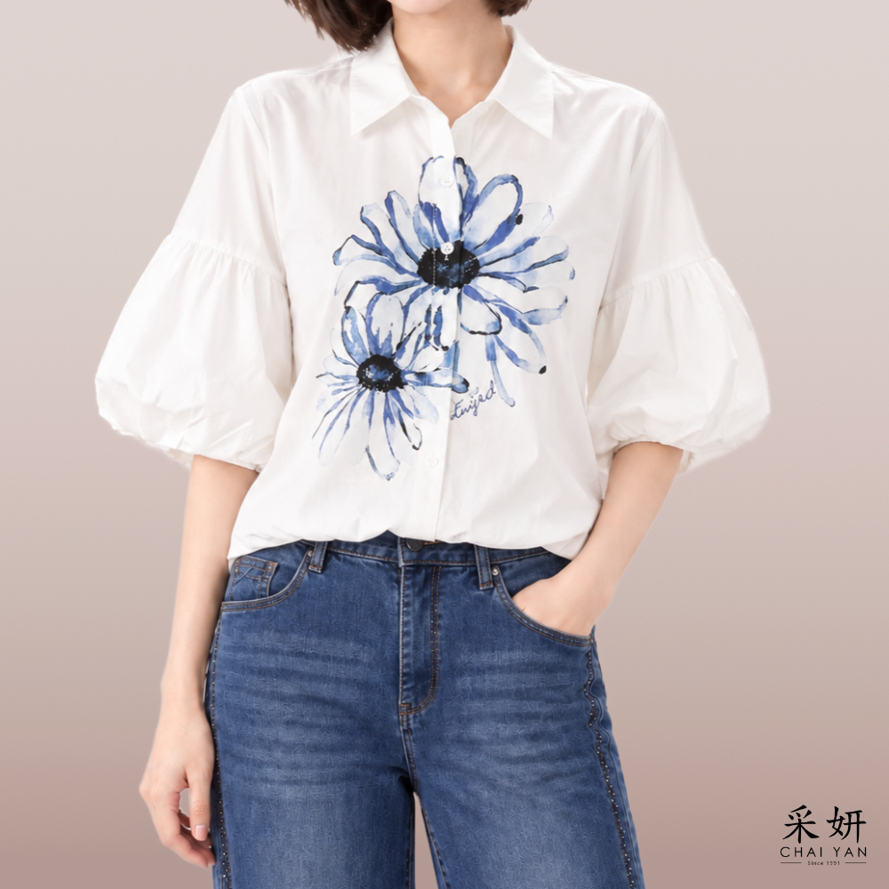水彩花半開襟寬袖上衣