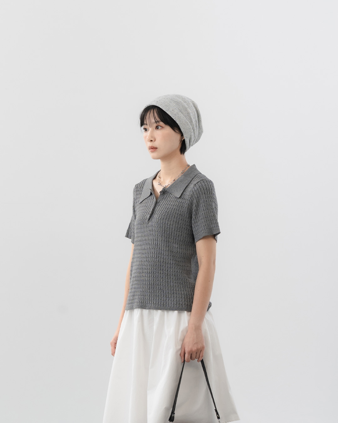 Cable-knit button-front wide-fit top with a fold-over collar – available in three colors.【01013571】in stock+pre-order