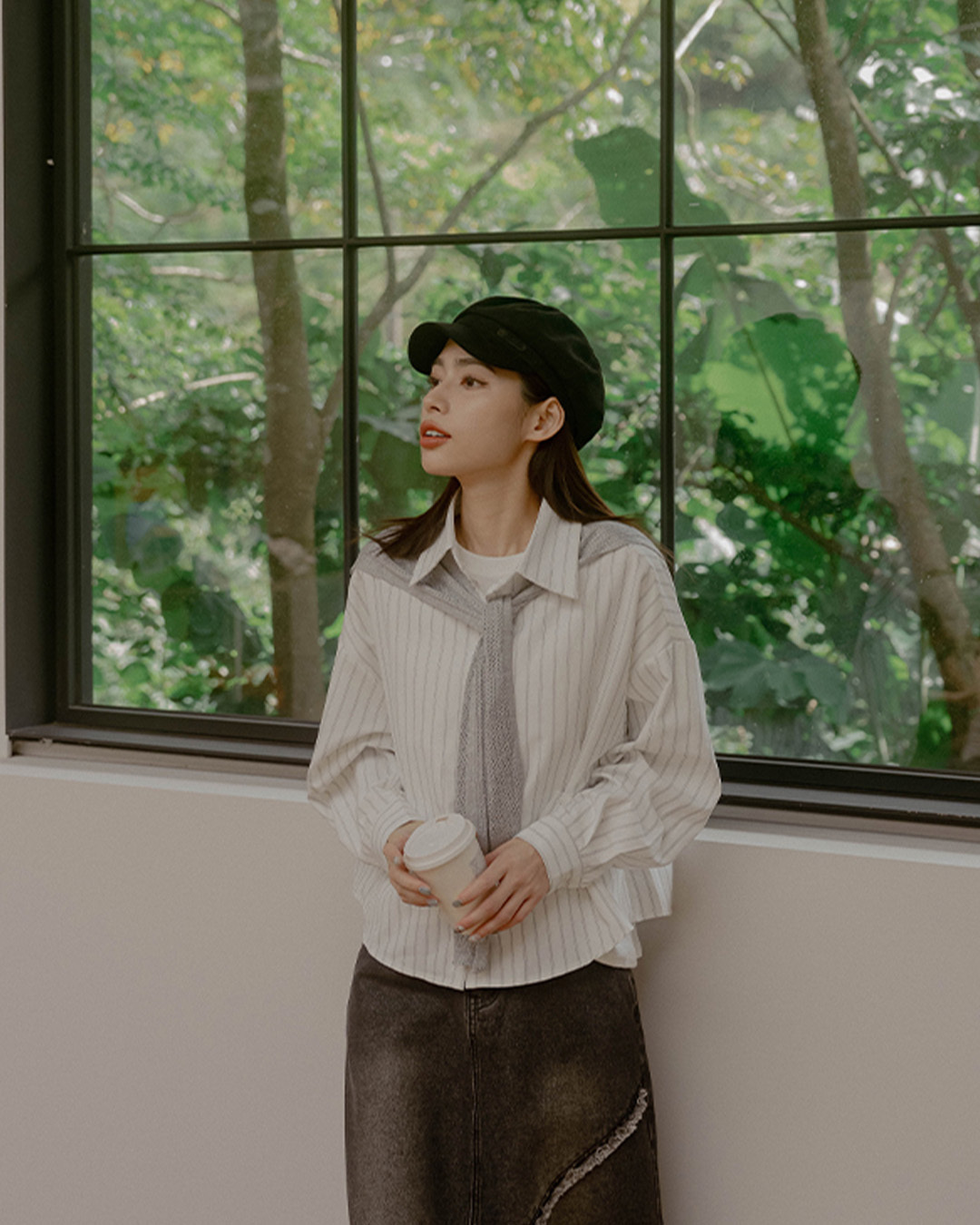 Minimalist Striped Long-Sleeve Shirt with Knit Shawl – White【01025908】in stock+pre-order