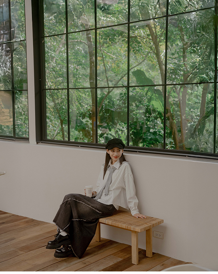 Minimalist Striped Long-Sleeve Shirt with Knit Shawl – White【01025908】in stock+pre-order