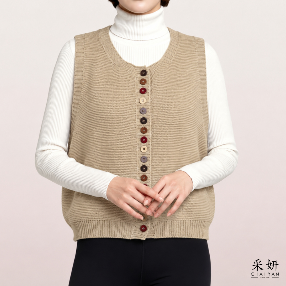 日系彩釦粗針織背心