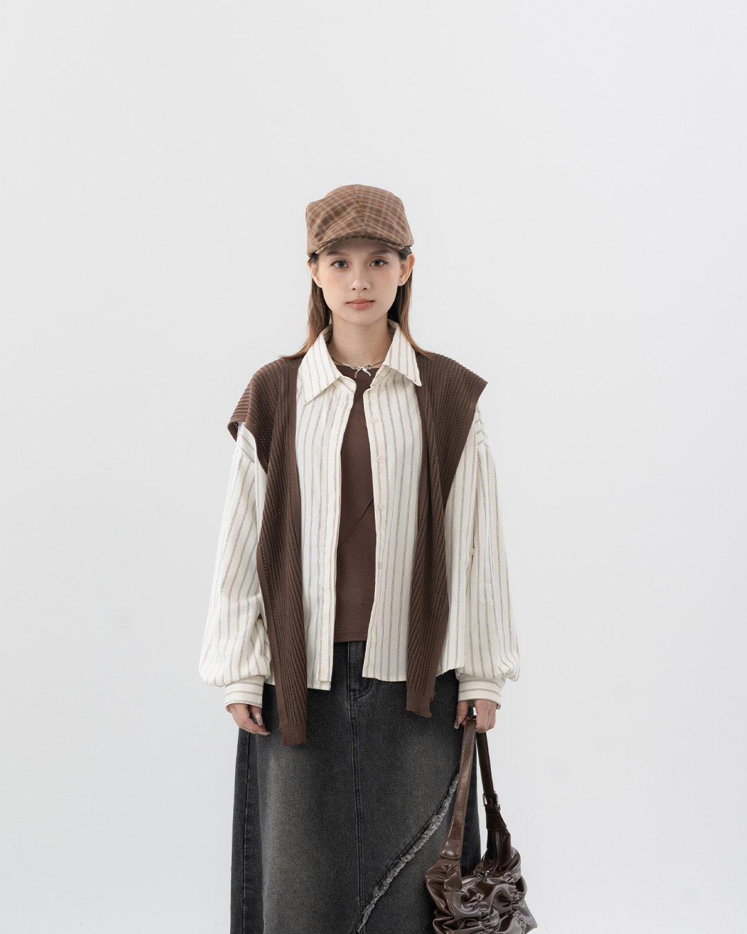 Minimalist Striped Long-Sleeve Shirt with Knit Shawl – Apricot【01025909】in stock+pre-order