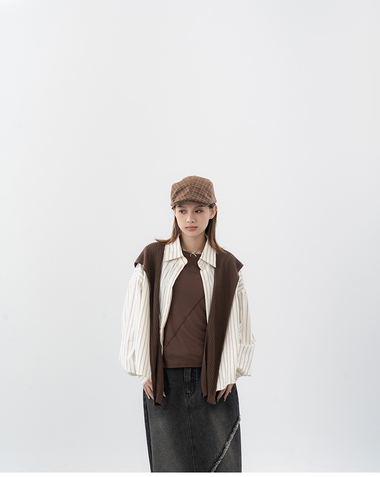 Minimalist Striped Long-Sleeve Shirt with Knit Shawl – Apricot【01025909】in stock+pre-order