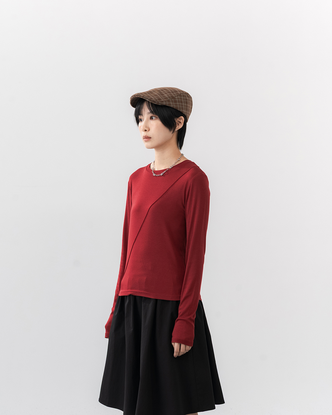 Long-Sleeve Top with Solid-Color Sheer Panel Detail – Red【01099940】in stock+pre-order