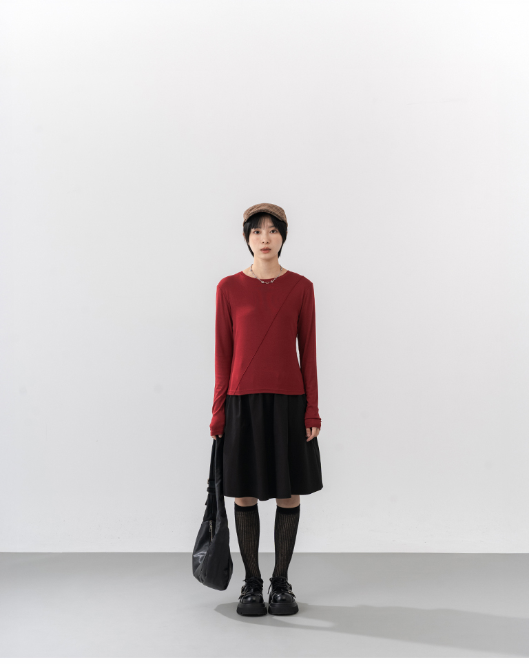 Long-Sleeve Top with Solid-Color Sheer Panel Detail – Red【01099940】in stock+pre-order