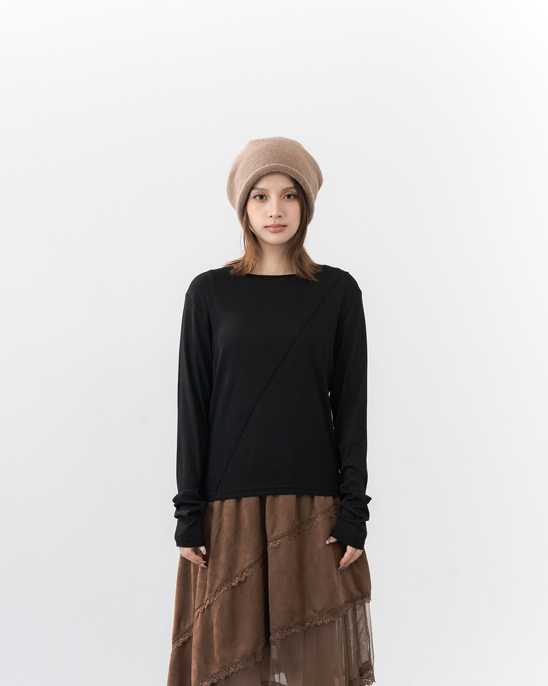 Solid Long-Sleeve Top with Sheer Panel Detail - Black【01099941】in stock+pre-order