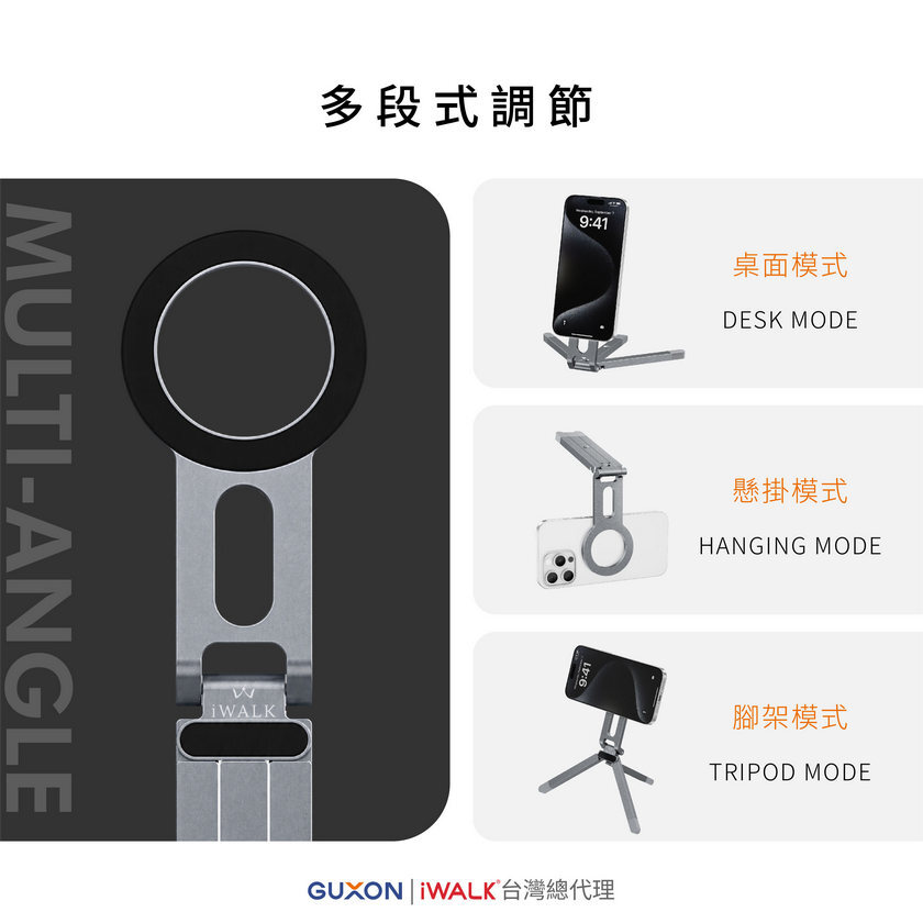 iWALK StandMe Flex 多段式支架調整示意,展示桌面、懸掛及腳架三種使用模式