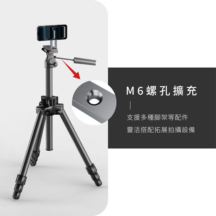 iWALK StandMe Flex 配備 M6 螺孔擴充設計,圖示可搭配多款落地腳架使用