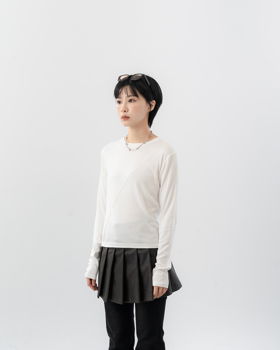 Long-sleeve top with sheer paneling – White【01099942】in stock+pre-order
