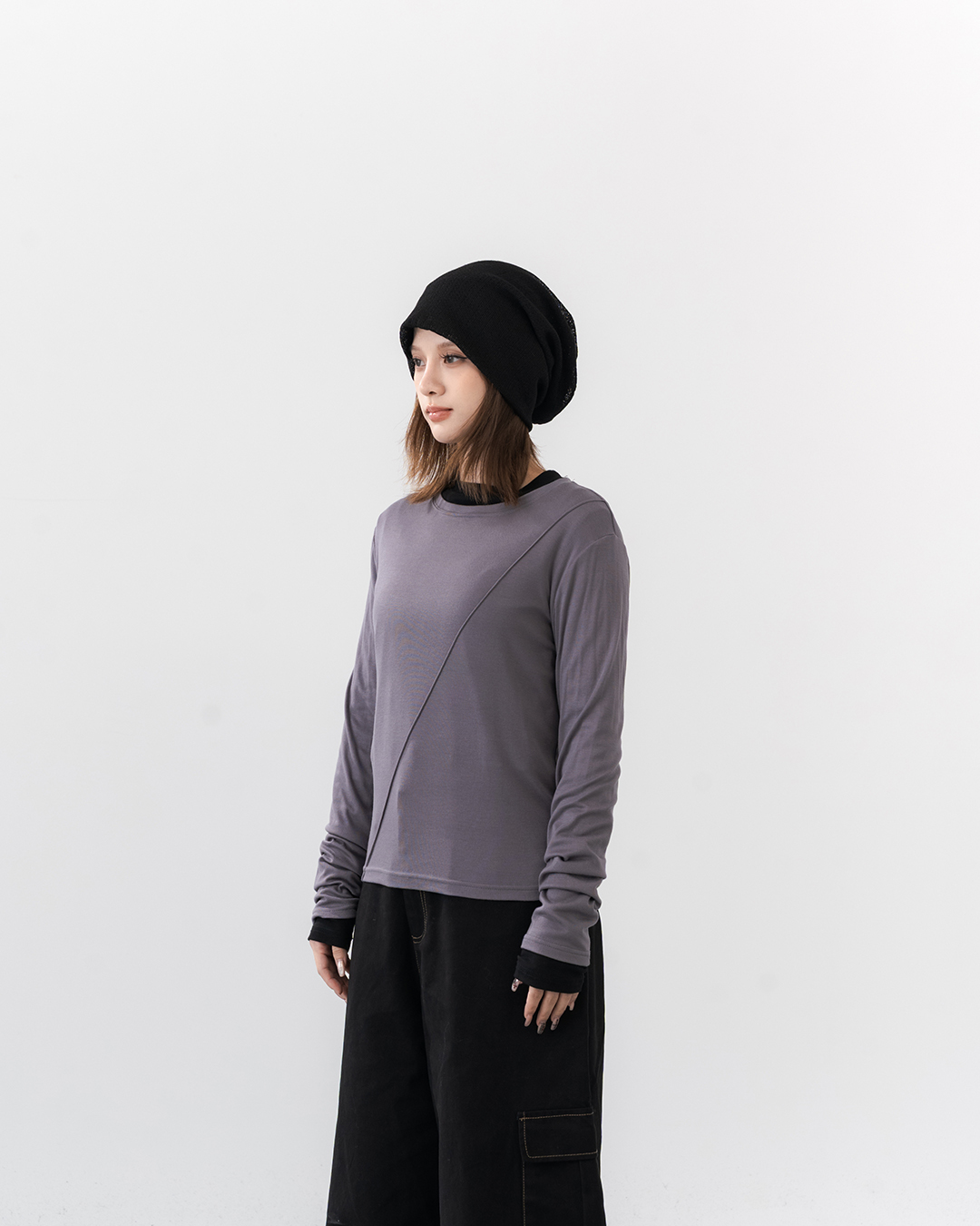 Long-sleeve top with solid-color sheer paneling – Grey【01099943】in stock+pre-order