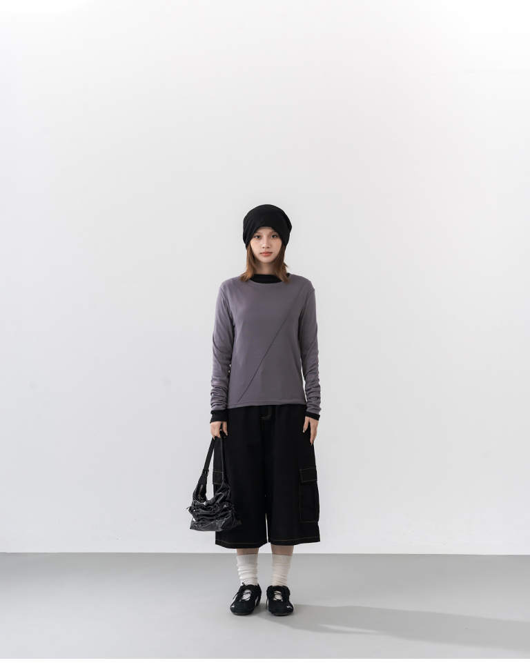 Long-sleeve top with solid-color sheer paneling – Grey【01099943】in stock+pre-order