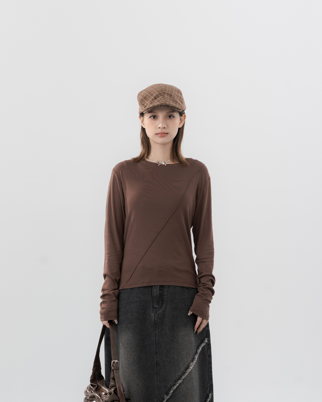 Plain, slightly sheer, long-sleeved top - coffee color【01099944】in stock+pre-order