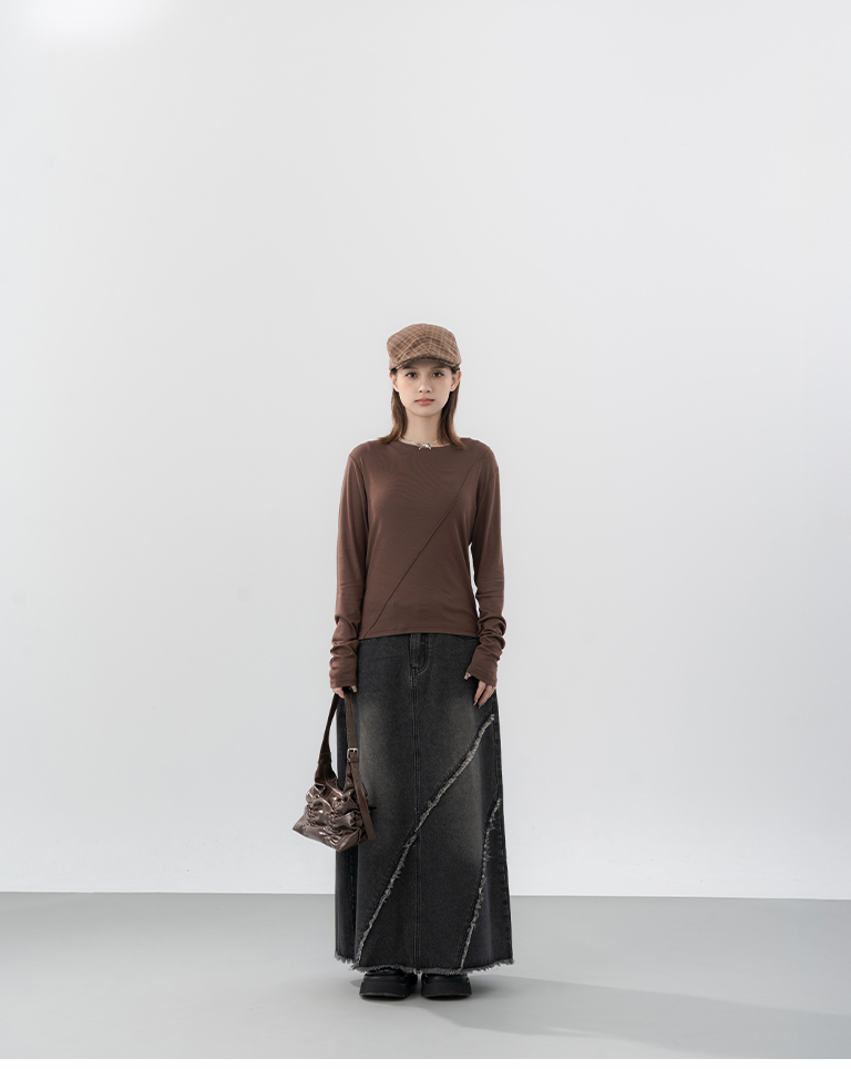 Plain, slightly sheer, long-sleeved top - coffee color【01099944】in stock+pre-order