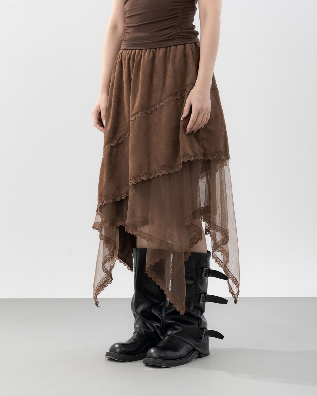 Irregular lace and mesh midi skirt with a flared, suede-like hem【03021806】in stock+pre-order