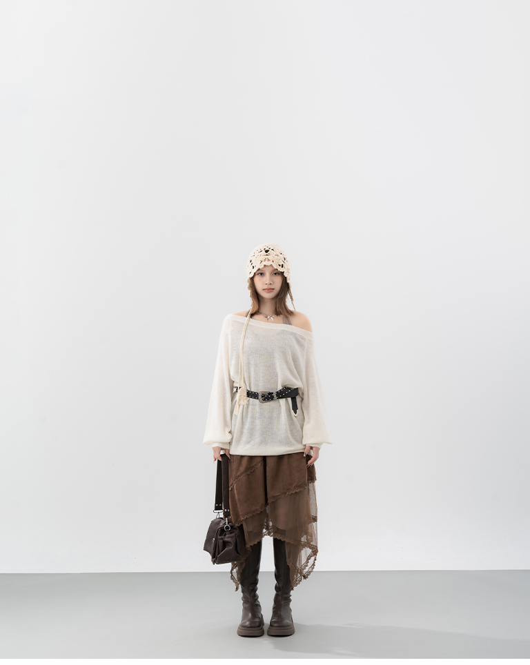 Irregular lace and mesh midi skirt with a flared, suede-like hem【03021806】in stock+pre-order