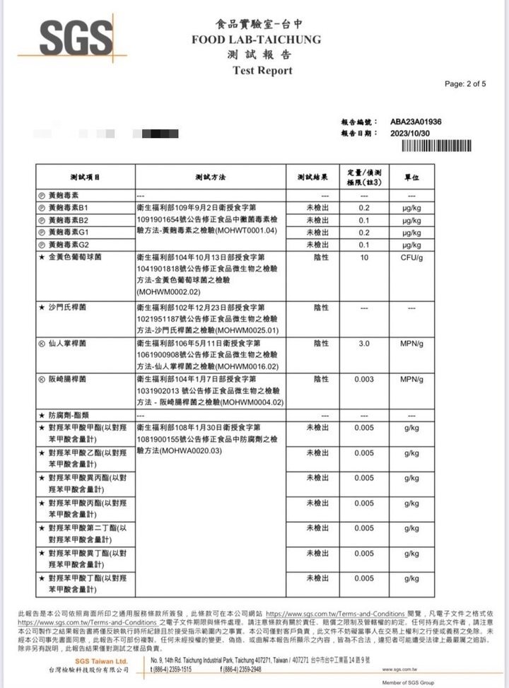積木吐司 SGS 測試報告第 2 頁：黃麴毒素、微生物、防腐劑（酯類）