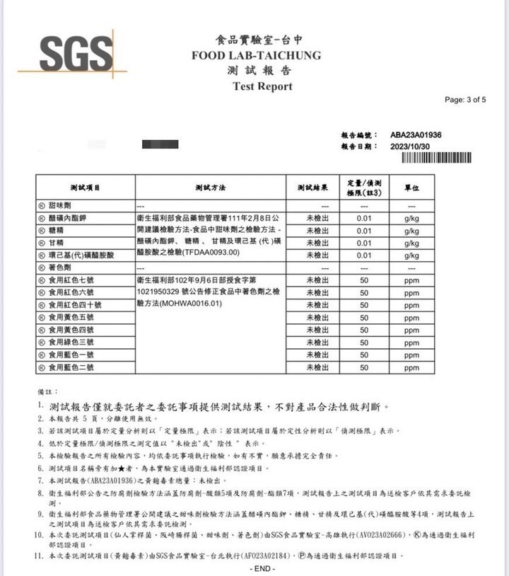 積木吐司 SGS 測試報告第 3 頁：甜味劑、著色劑、備註