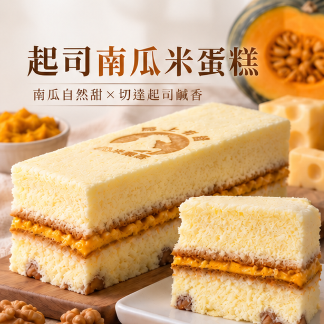 米樂客起司南瓜米蛋糕主視覺,呈現南瓜自然甜與切達起司鹹香交織的米蛋糕。