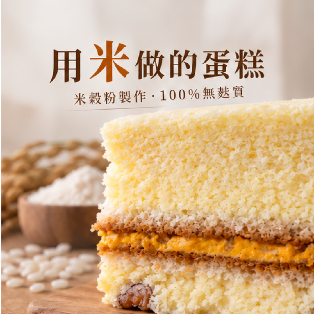 米樂客起司南瓜米蛋糕切面近照,以米穀粉製作,100%無麩質,蛋糕體細緻鬆軟。