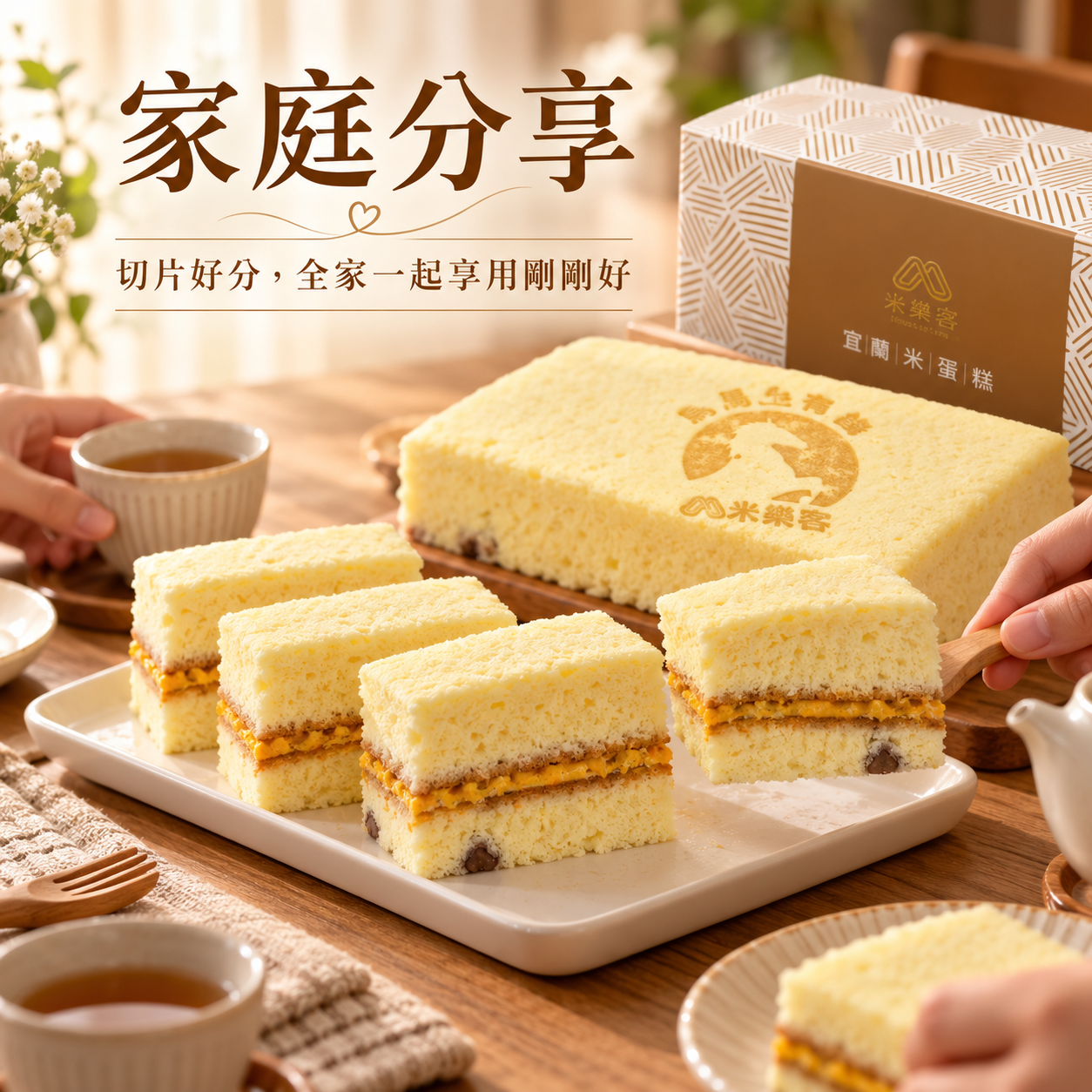 米樂客起司南瓜米蛋糕家庭分享情境圖,切片好分,全家一起享用剛剛好。