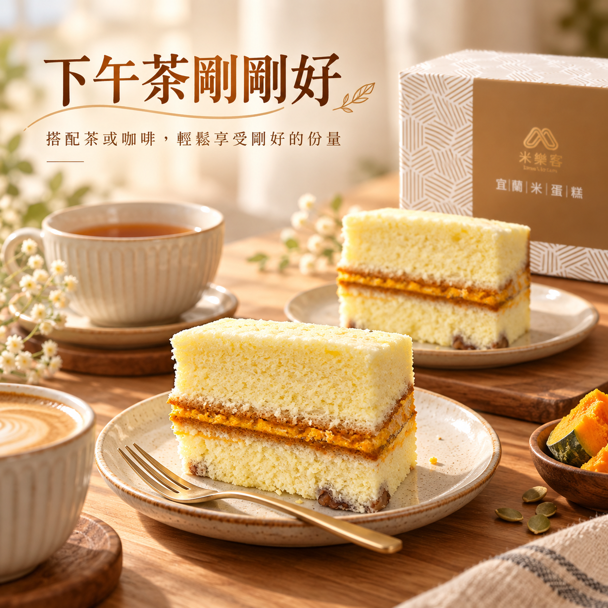 米樂客起司南瓜米蛋糕下午茶情境圖,搭配茶或咖啡,份量剛好、享受輕鬆午茶時光。