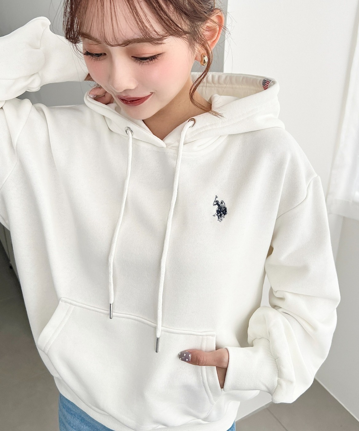 日本 moment+ x U.S.POLO ASSN. 短版 刺繡 logo 連帽 帽T 四色