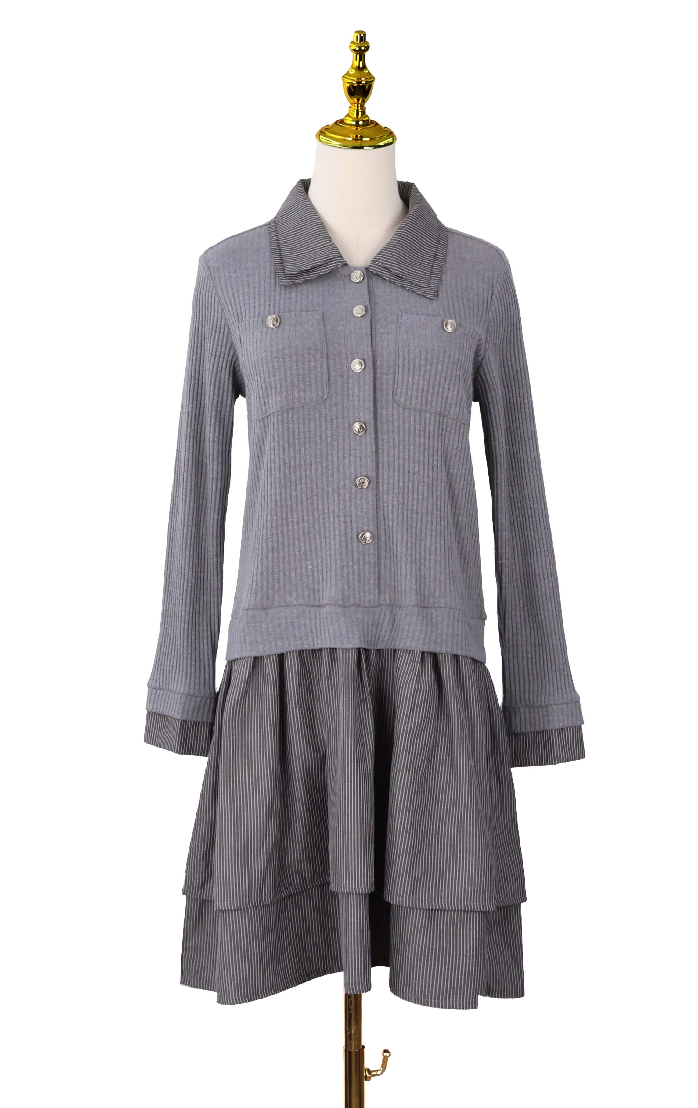 Striped Tiered Shirt Dress with Collar OP0713