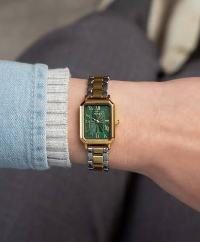 萬年鐘錶 - TIMEX 天美時   經典方形綠色面盤不鏽鋼女錶 TW2Y72000 錶徑21MM