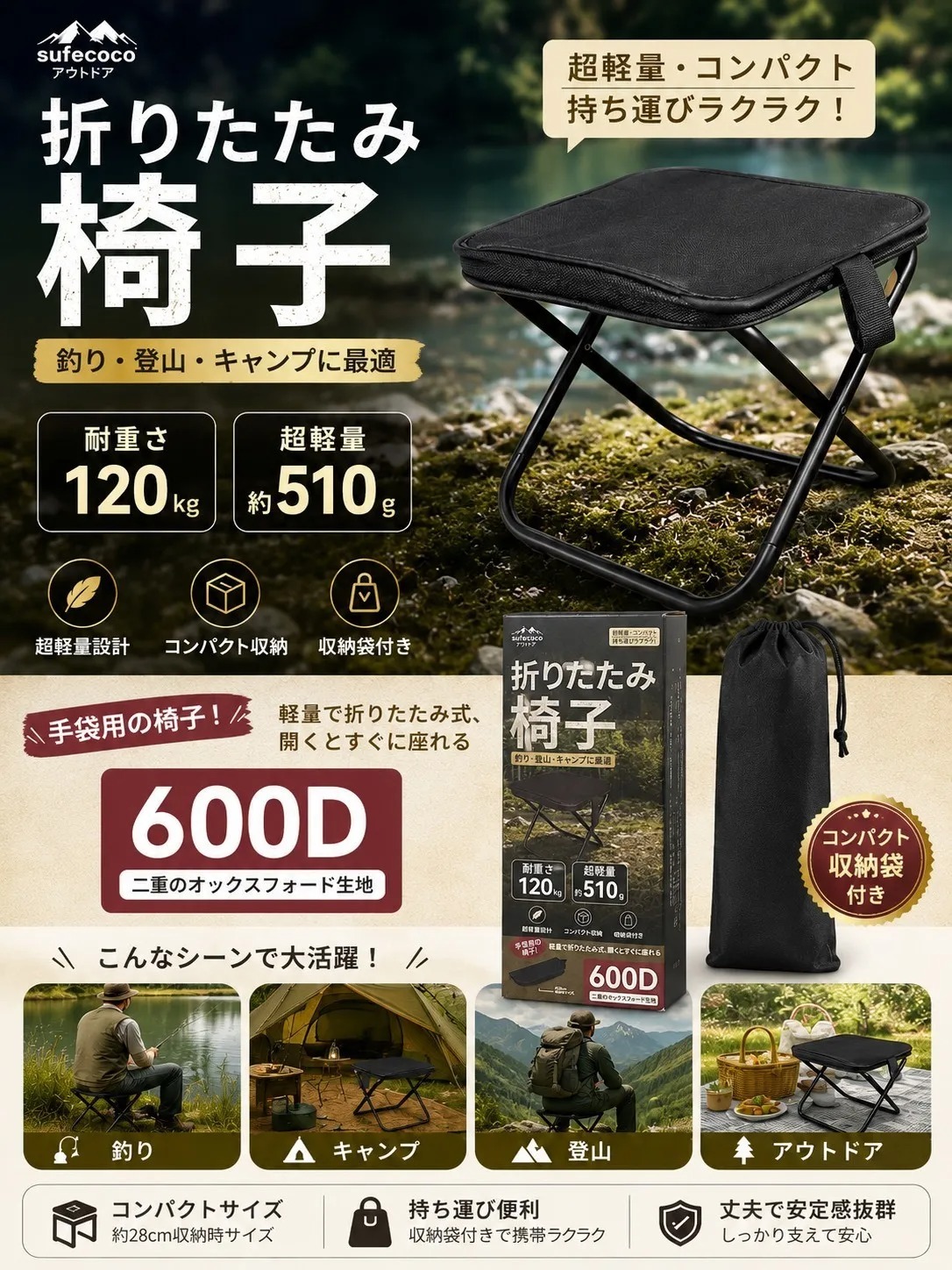 sufecoco便攜式户外摺疊凳 九月團