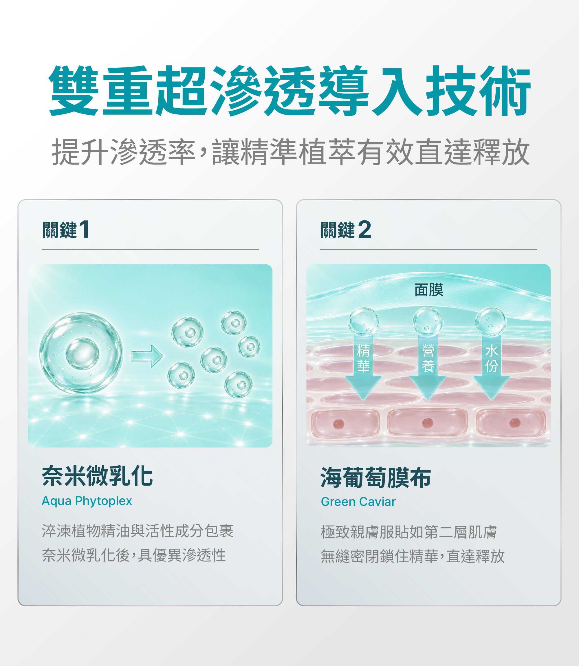 雙重超滲透導入技術圖解:Aqua Phytoplex 奈米微乳化包裹植物精油與活性成分,搭配海葡萄 Green Caviar 面膜布服貼肌膚、鎖住精華