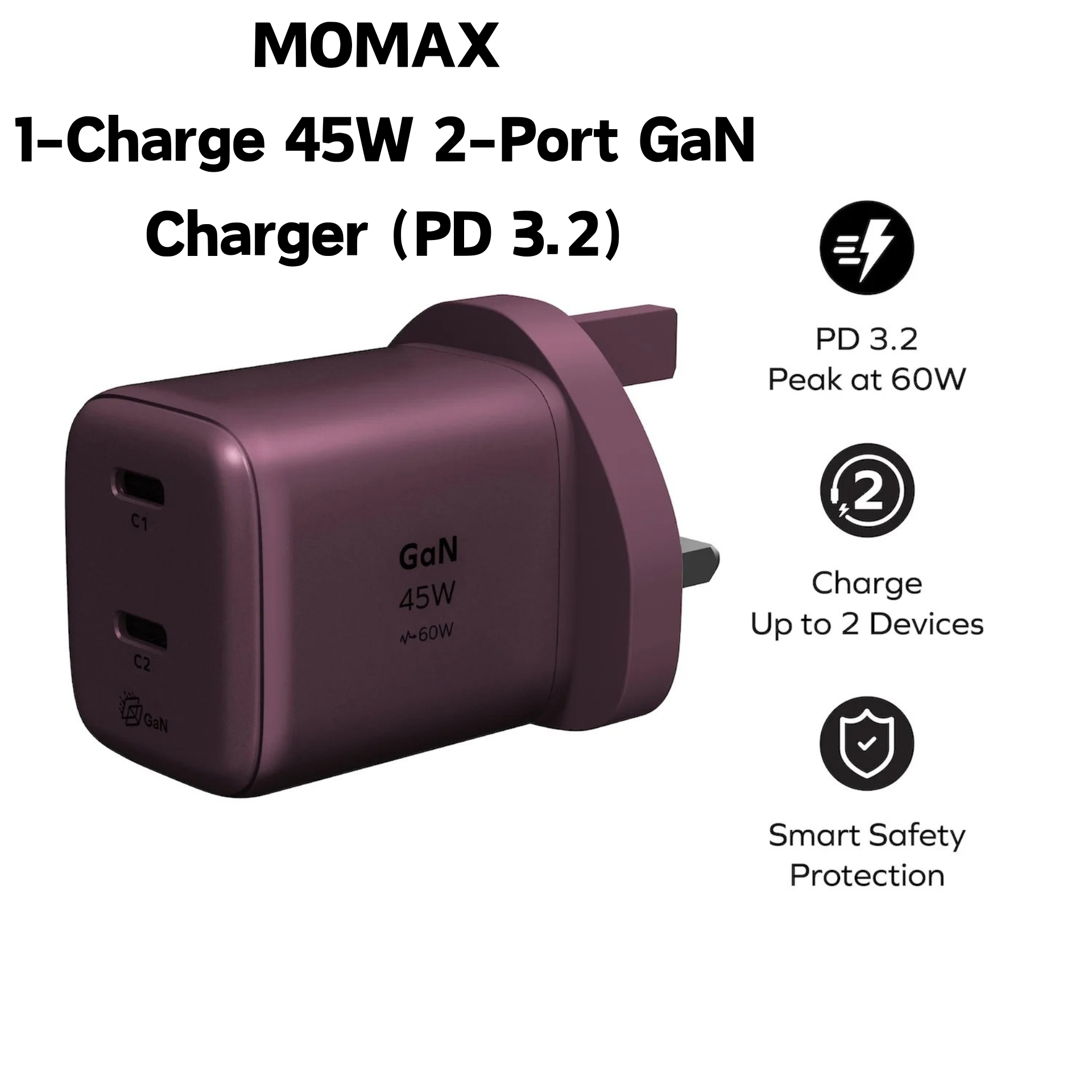 MOMAX - 1-Charge 45W 雙輸出氮化鎵充電器 (PD 3.2)(暮櫻紅)(香港行貨)| 充電插頭 | 叉電器 | USB-C