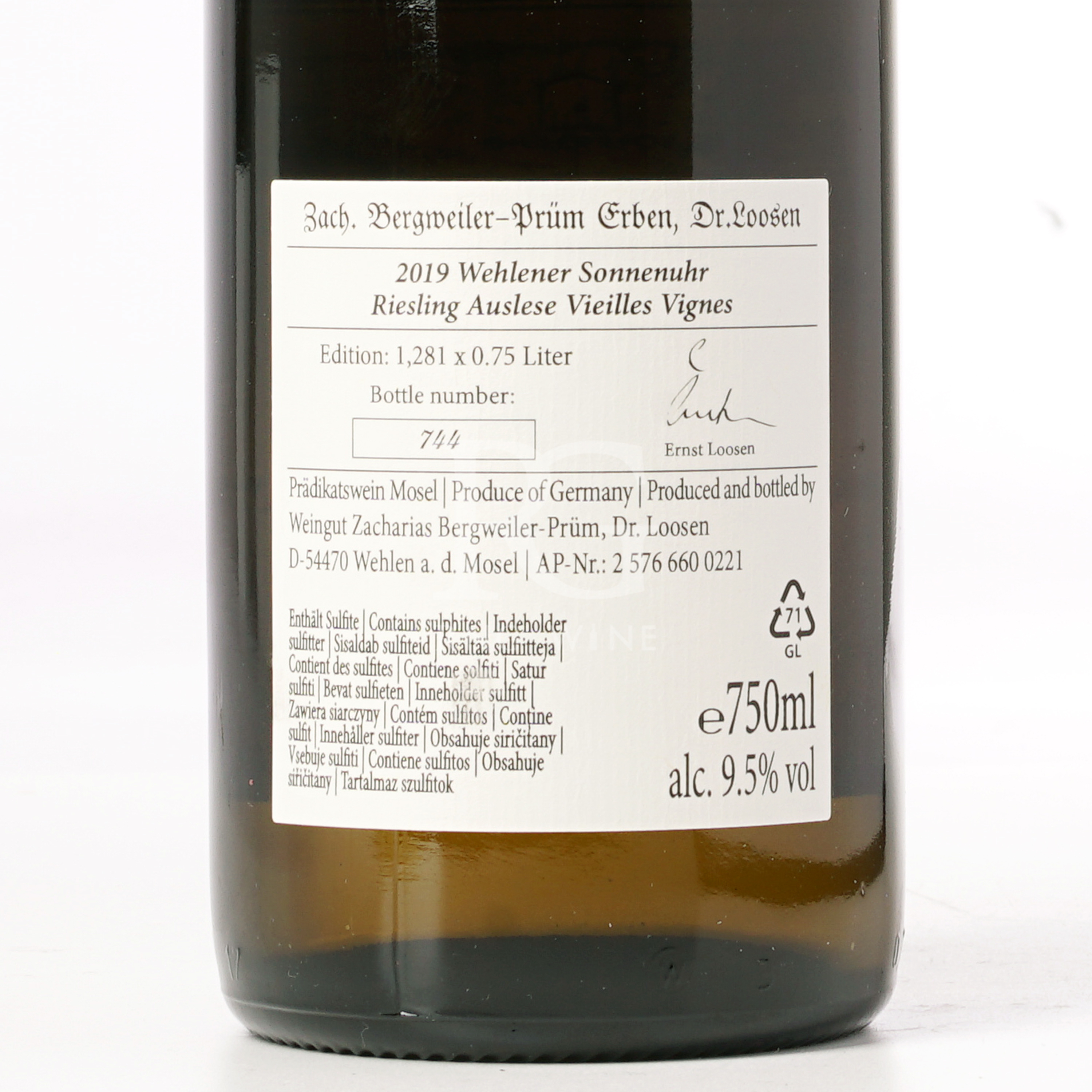 Weingut Zach Bergweiler Prum Erben by Dr. Loosen Wehlener Sonnenuhr Riesling Auslese Vieilles Vignes 2019 (RP97)
