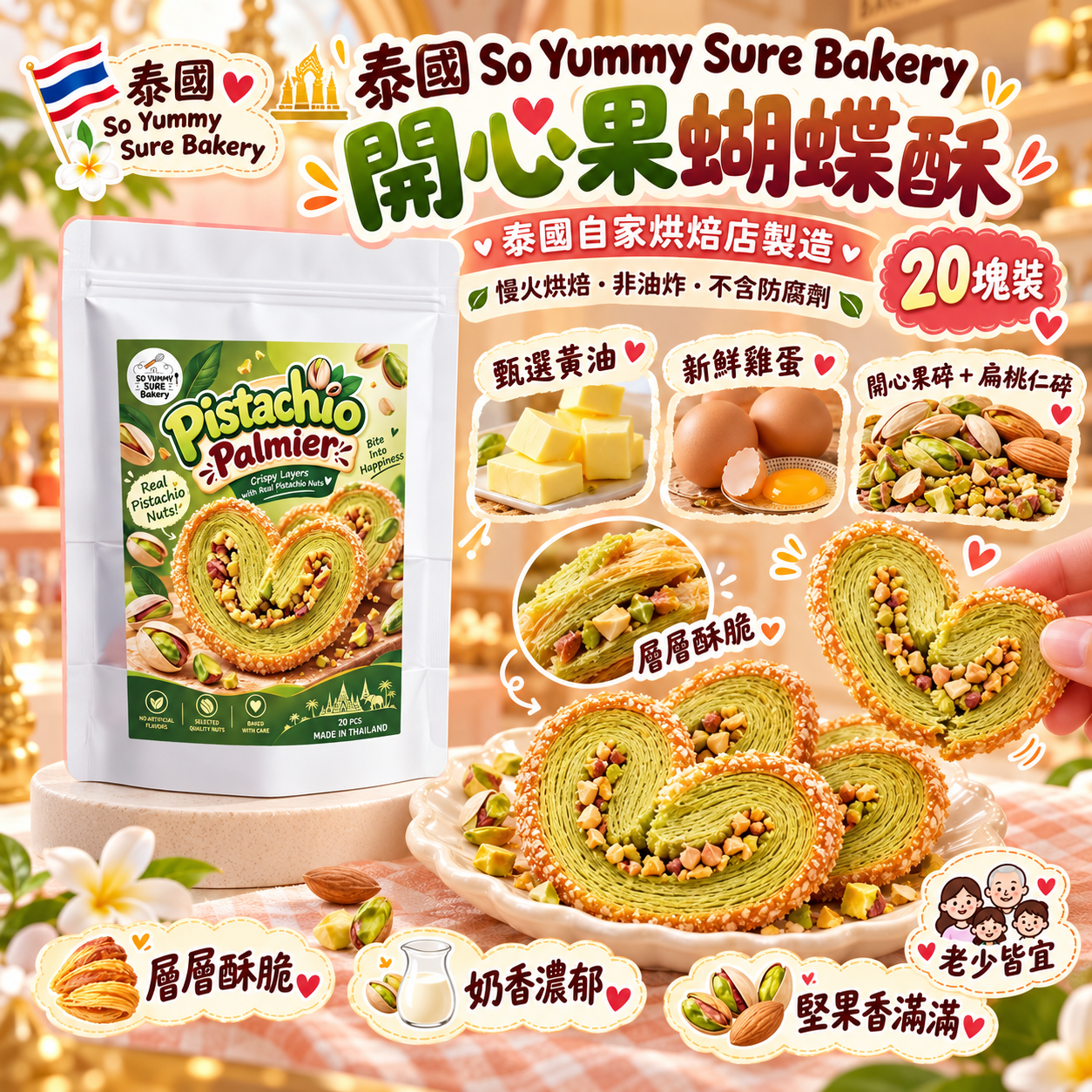 【預訂】AY093005 泰國 SO YUMMY｜開心果手工蝴蝶酥｜20塊