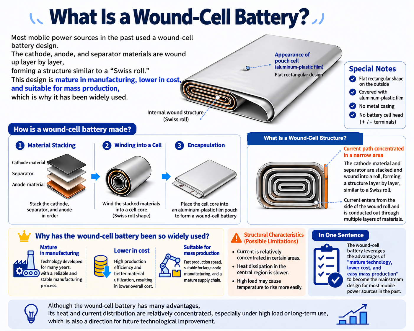 Diagram of a wound (jelly-roll) lithium cell, with cathode, anode and separator rolled in layers