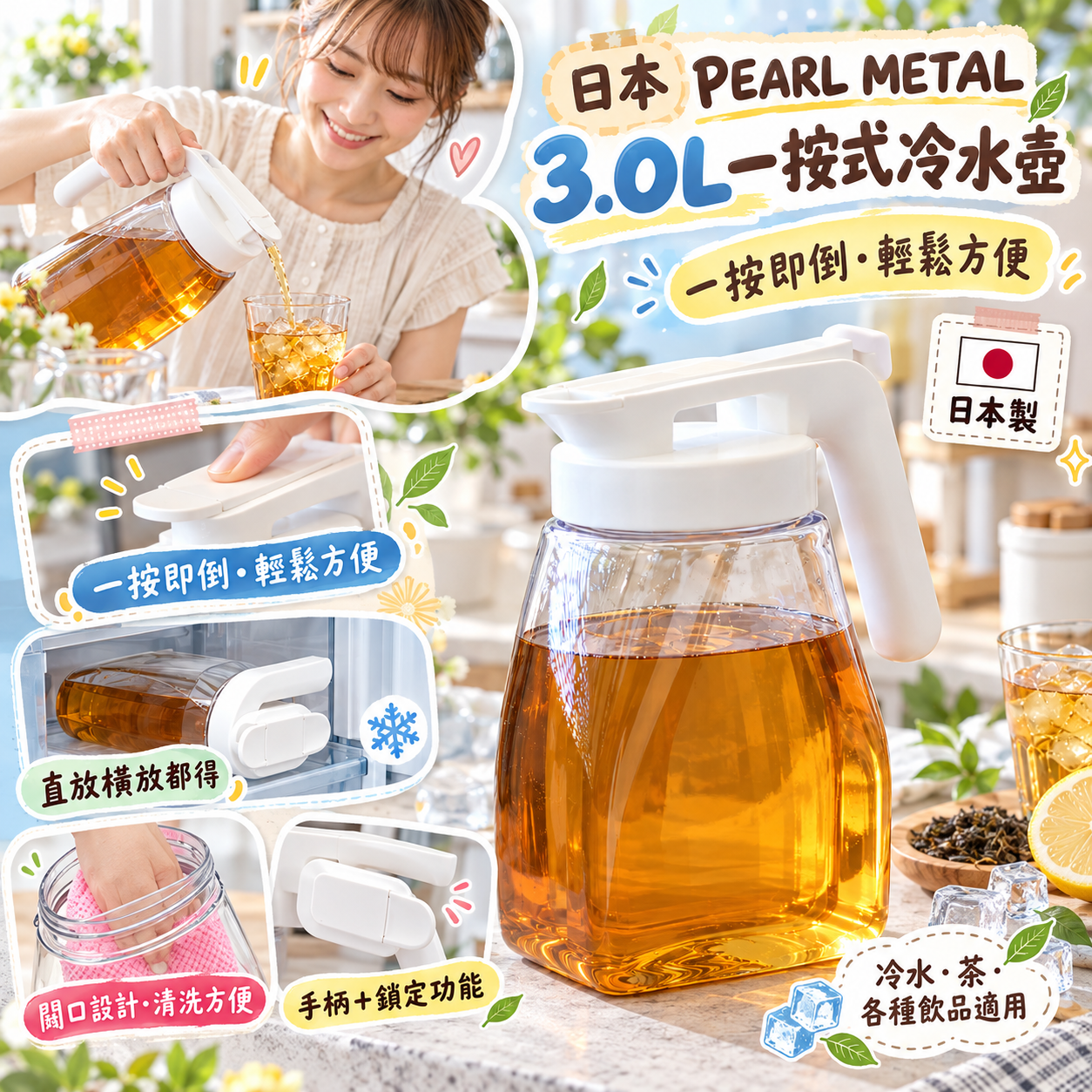 【預訂】AB093003 日本製 PEARL METAL｜3L 一按式橫直兩用冷水壺