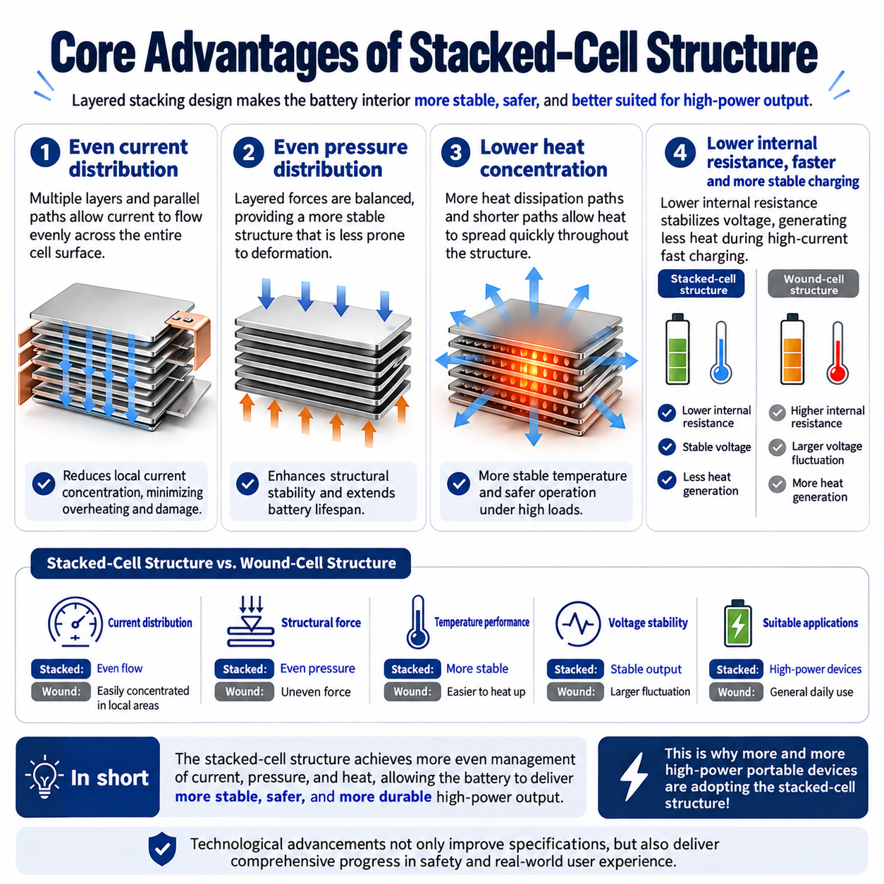 The core advantages of a stacked cell structure: more even current, more even pressure, less concentrated heat