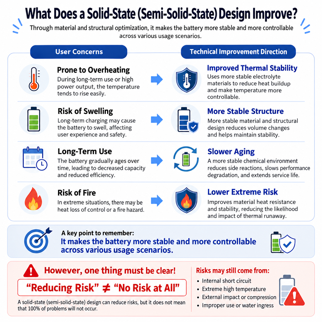 What a semi-solid-state design improves: heat stability, structural stability, slower ageing and lower fire risk