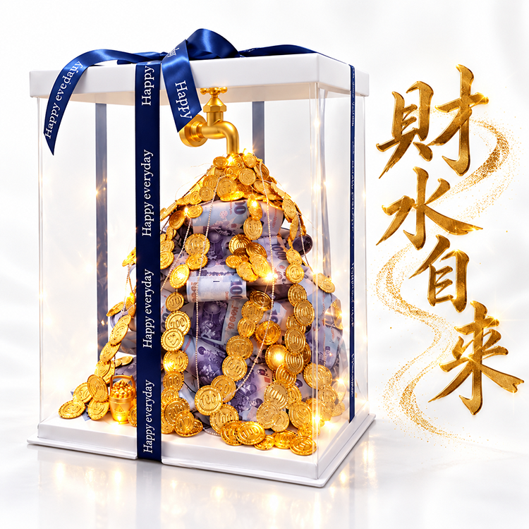 奢華精緻的水龍頭造型錢水盆景禮盒，透明壓克力展示盒內裝飾著閃亮的金幣、千元鈔票樹與LED燈串，象徵財源滾滾、錢水長流。