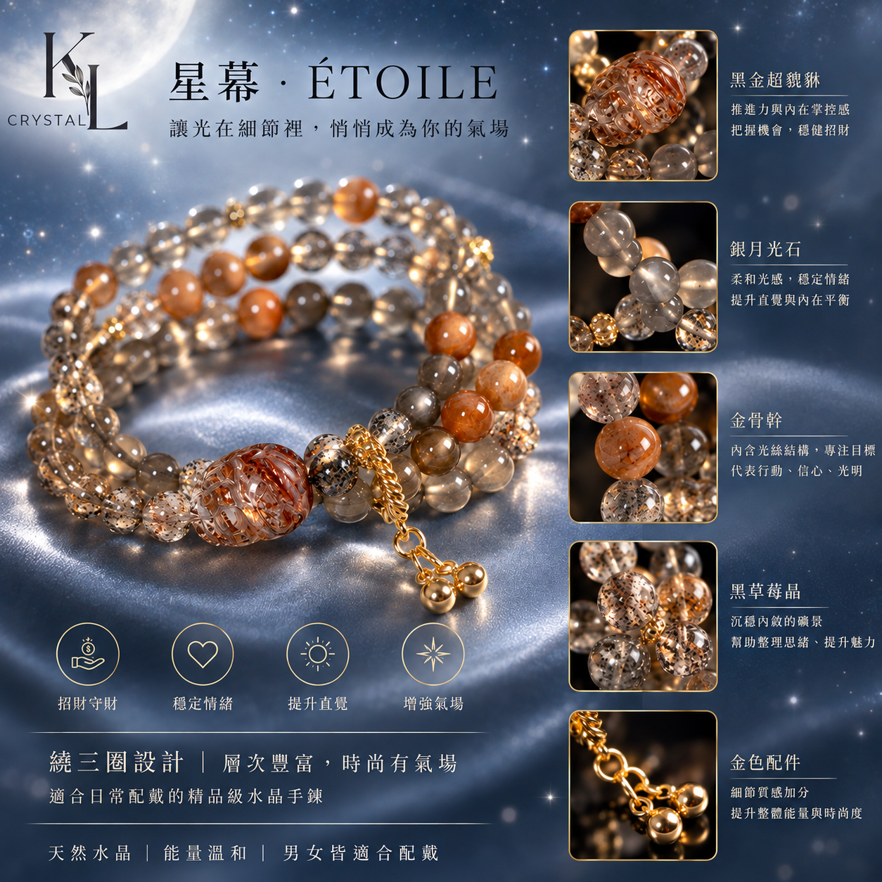銀月光黑金超貔貅三圈水晶手鍊|金骨幹黑草莓晶星幕 ÉTOILE 水晶材質介紹圖