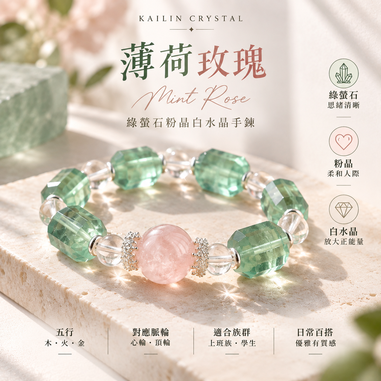 綠螢石粉晶白水晶手鍊|薄荷玫瑰 Mint Rose 天然水晶手鏈,鑽切綠螢石搭配粉晶與白水晶,清透綠粉白配色|KAILIN CRYSTAL