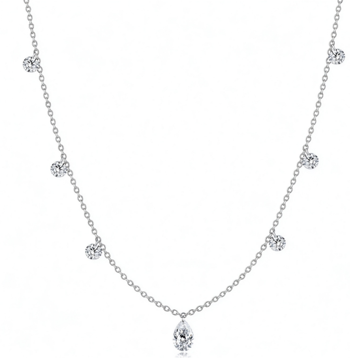 FD210 AN4 925銀/10K金培育鑽石項鍊-1顆大梨形培育鑽石(0.33ct)+7顆圓形培育鑽石(共0.74ct)-金重:1.84g